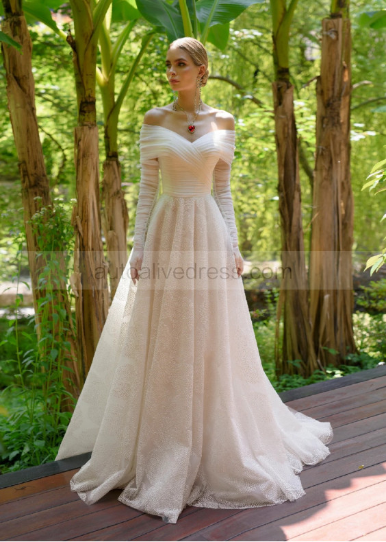 Off Shoulder Ivory Glitter Tulle Sexy Wedding Dress